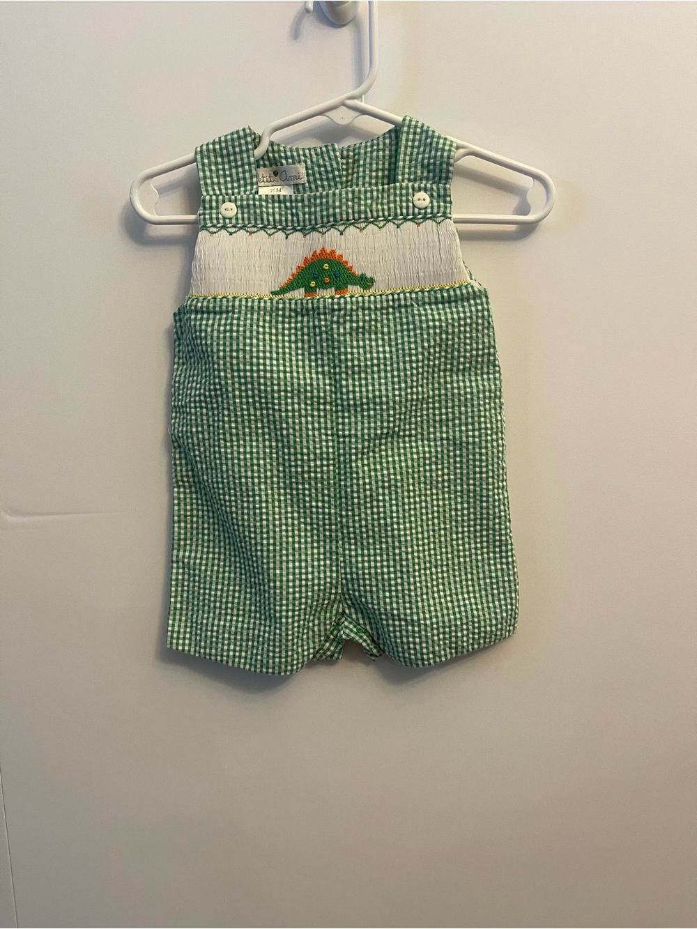 Petit Ami Green Gingham Baby Romper with Dino Smocking